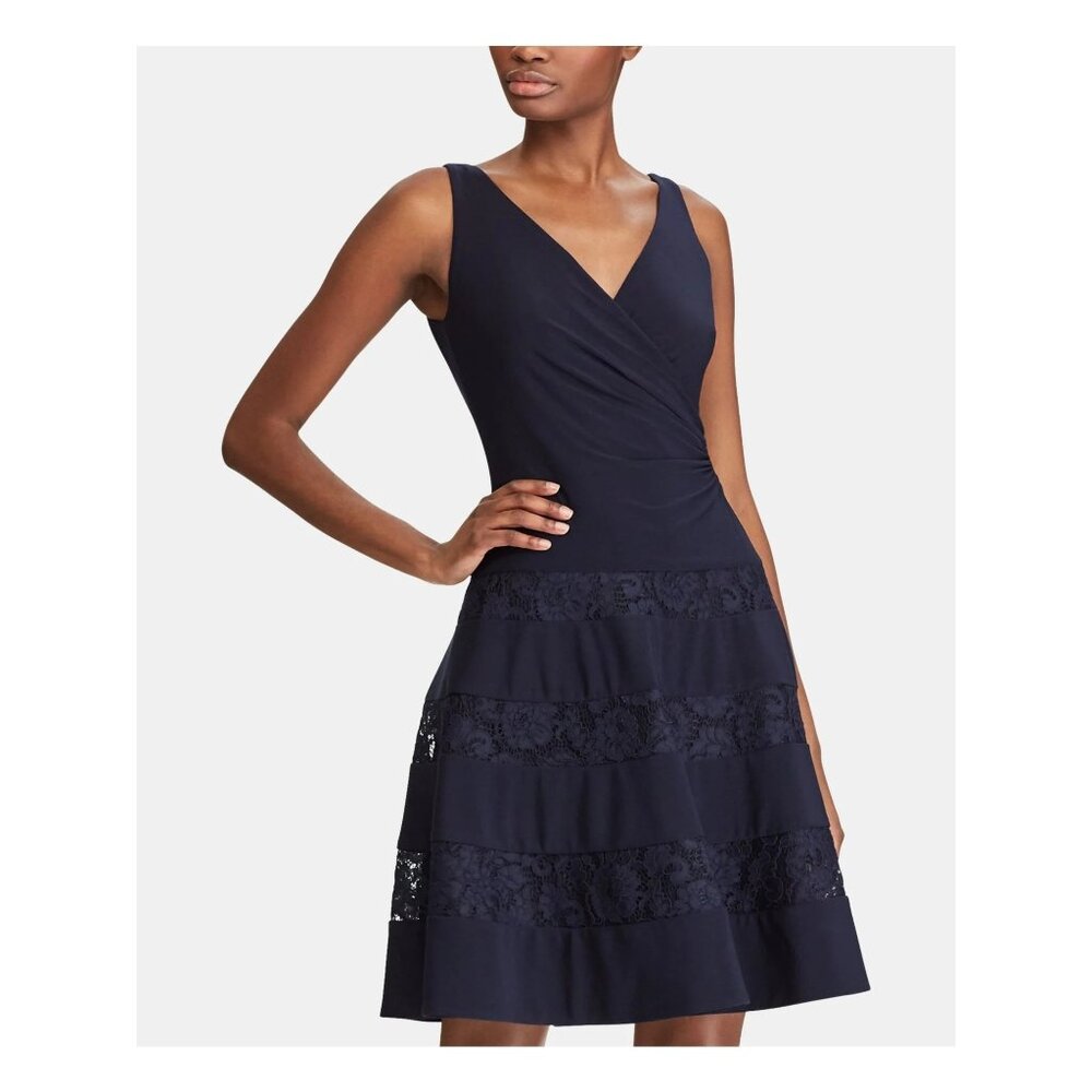 Lauren Ralph Lauren Navy Blue Ruched Lace Inset Sleeveless Fit & Flare Dress 16